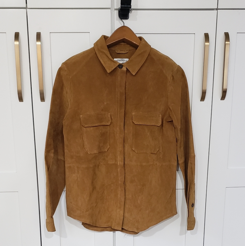 Zara Shirt Jacket Womens XL Tan Suede Genuine Leather Shacket Premium